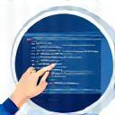 Graphic of a hand writing code on a screen
